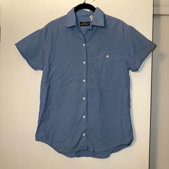 L.L. Bean Traveler Women’s Collared Button Short Sleeve Shirt Blue Small EUC - Picture 1 of 11